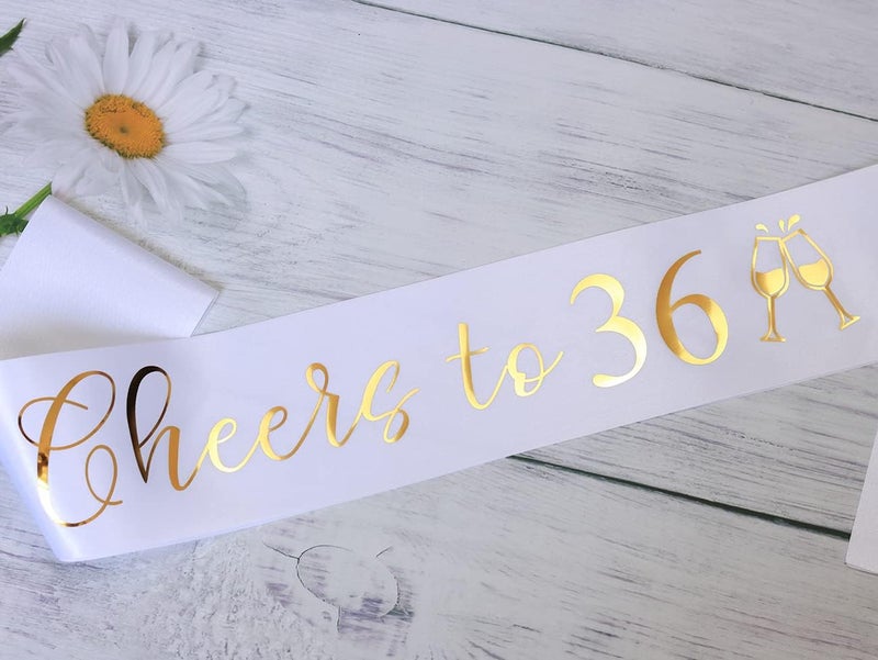 Docooniver It's my 36th Birthday Sash for Women and Men,Cheers to 36,Happy 36th Birthday Sash White with Gold Foil Lettering. - Image 2